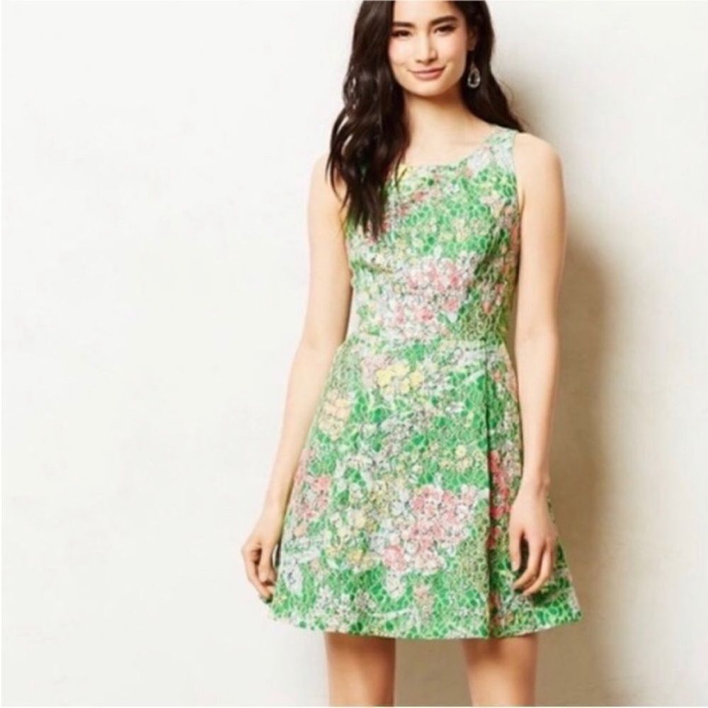 Anthropologie Maeve Green Floral Sequin Verbena Dress | Size 14